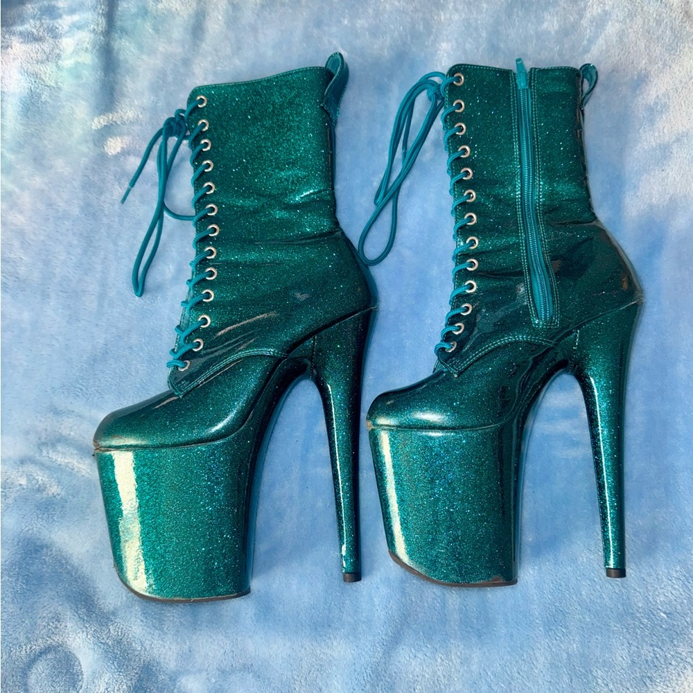 Teal Glitter Pleaser Platform Boots